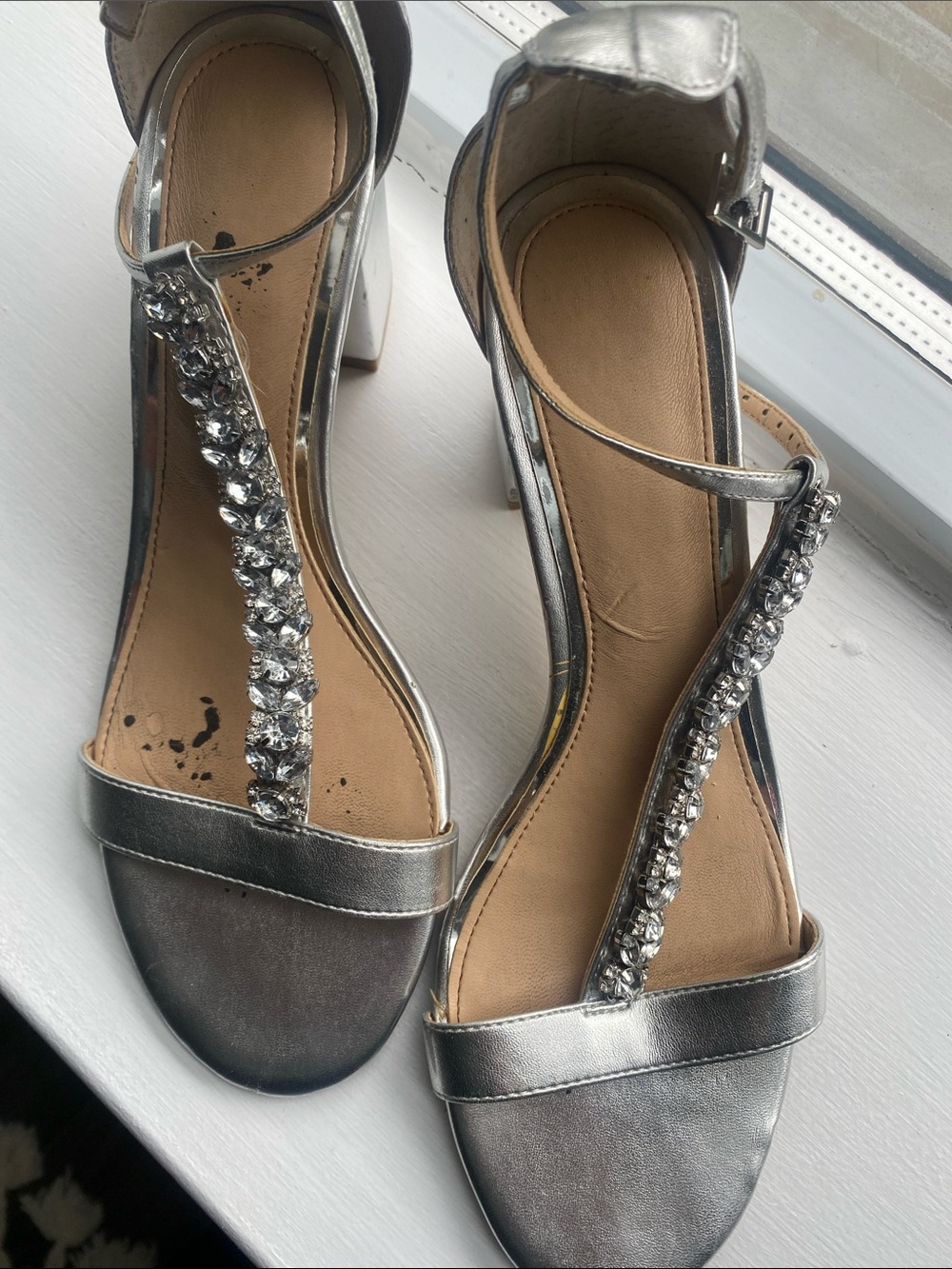 Badgley Mischka Silver Gemstone T-Strap Block Heel Sandals